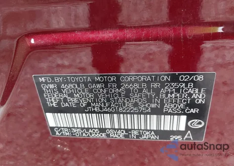2008 Lexus Es 350 from USA, damaged, VIN JTHBJ46G182225754